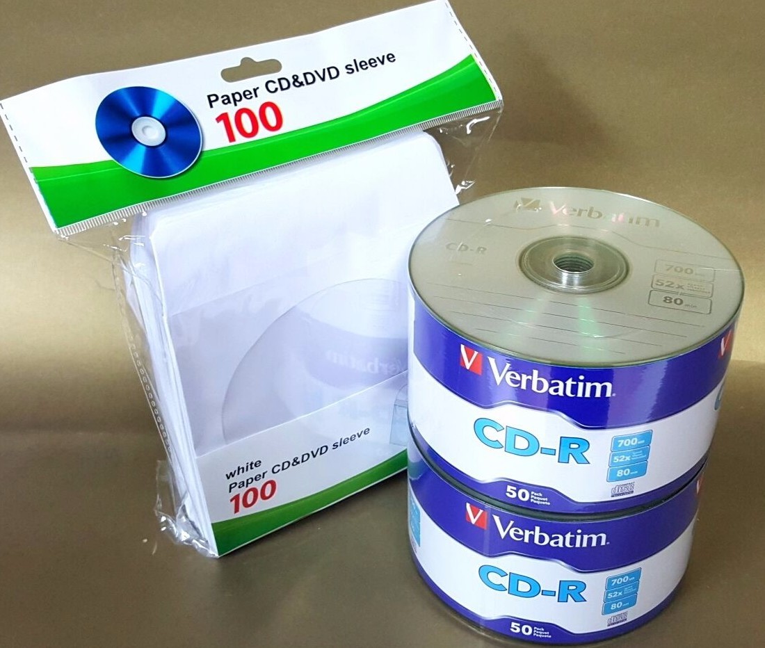 100 VERBATIM Blank CD-R CDR Logo Branded 52X 700MB Media Disc + 100 Paper Sleeve