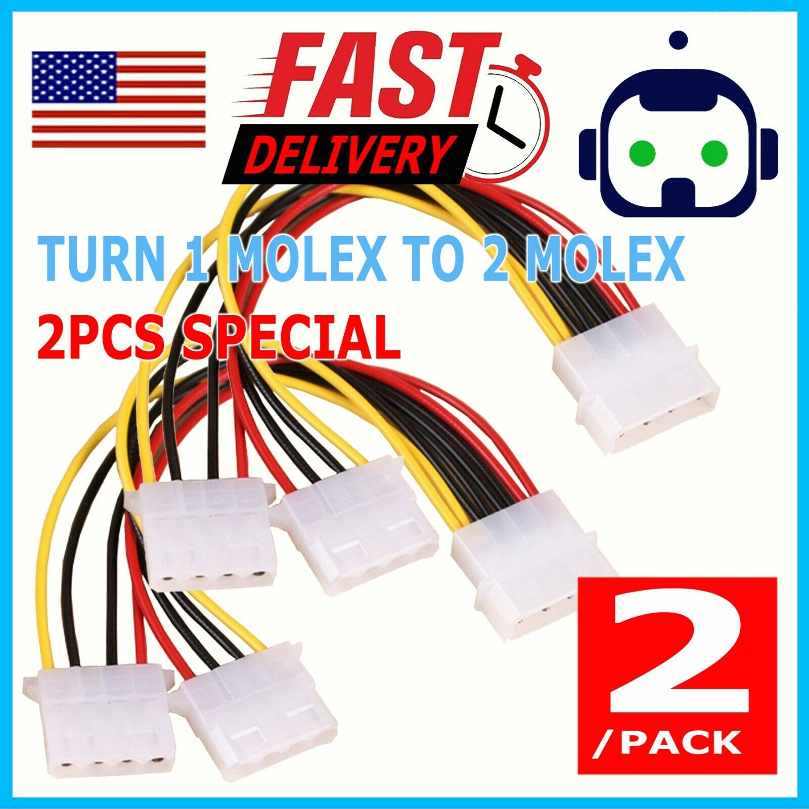 2 Pack 4-pin Molex Male to 2x Female Power Splitter Cable Extension Adapter 2X