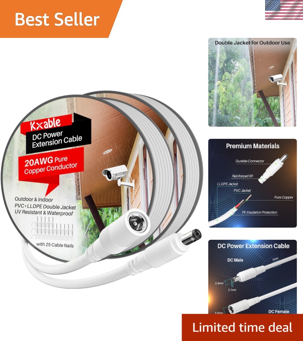 50FT Indoor/Outdoor 12V DC Power Extension Cable - Strong & Flexible, 2-Pack