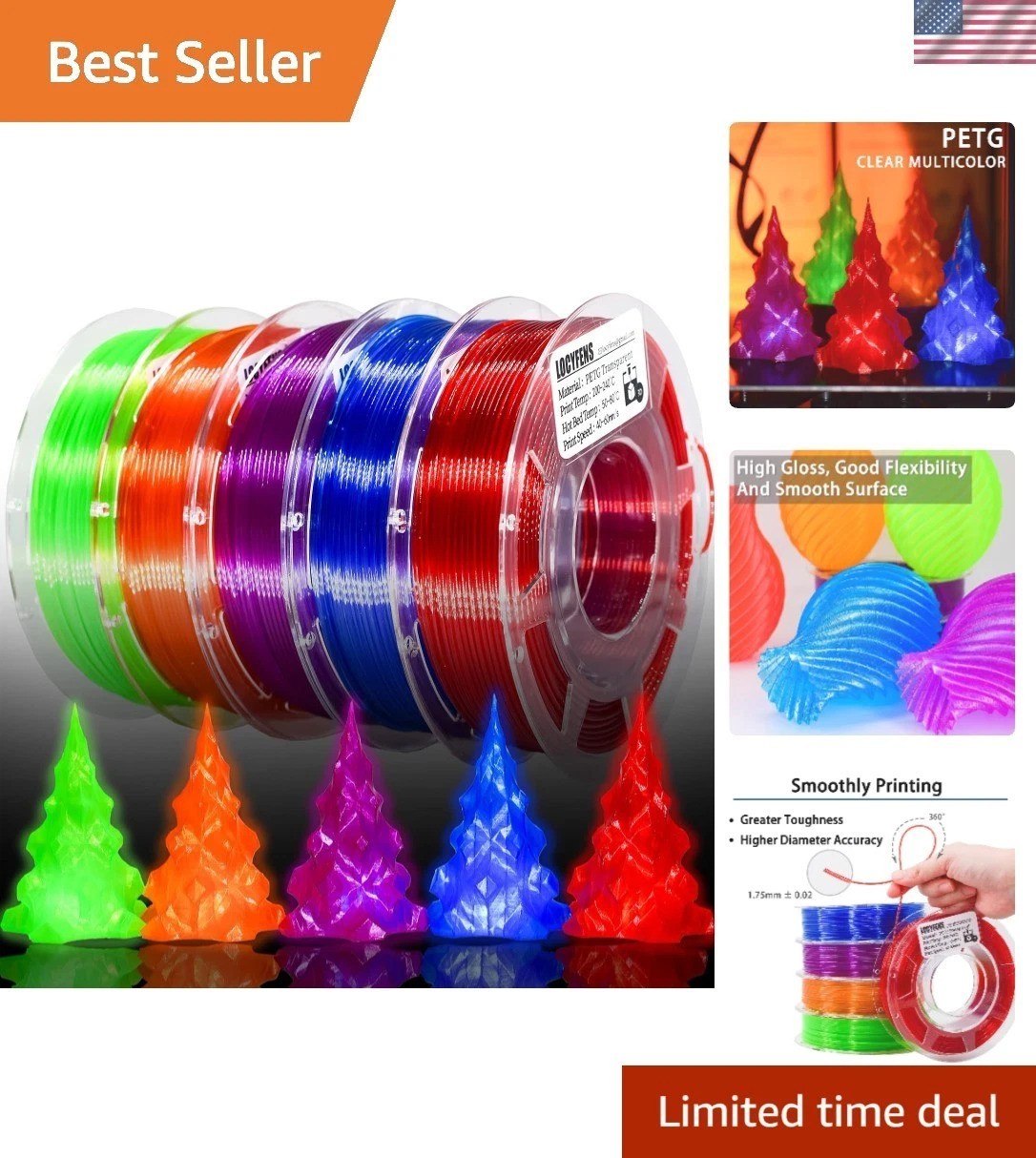 High-Quality Multicolor 3D Printer PETG Filament 1.75mm - 5 Spools Included
