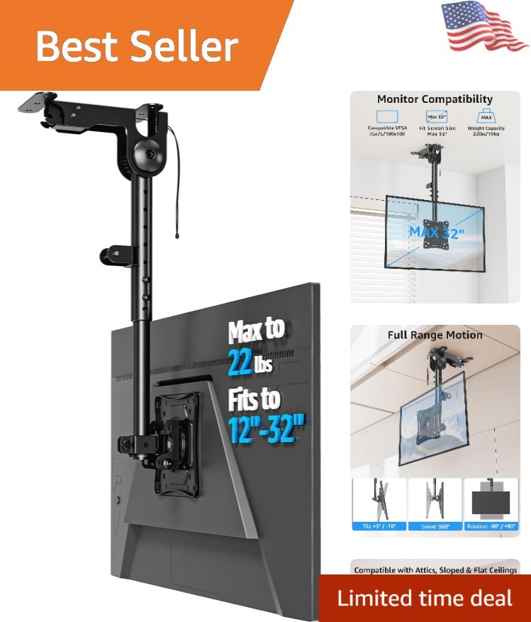 Versatile Ceiling Monitor Holder - Fits 13-32'' Screens, Flips Down, Max 22lbs