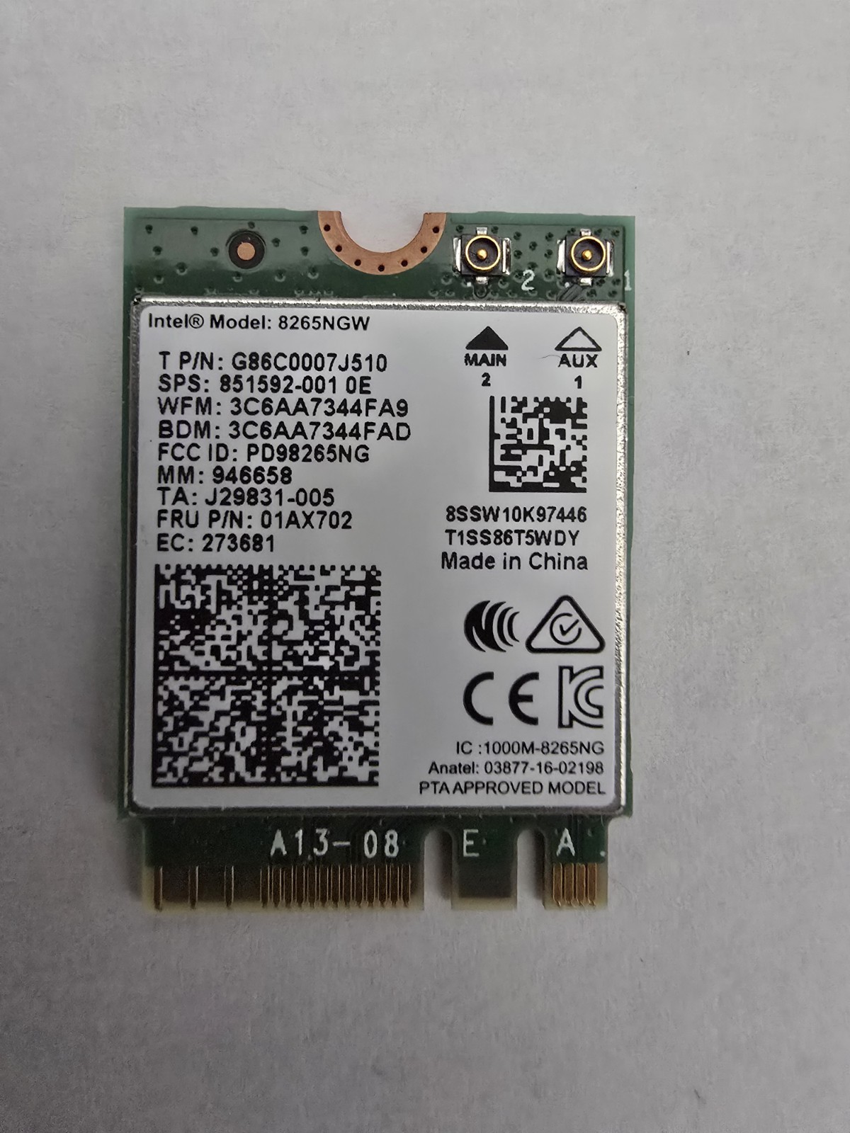 Intel Dual Band Wireless-AC 8265 (Model 8265NGW) M.2 Wi-Fi and Bluetooth network