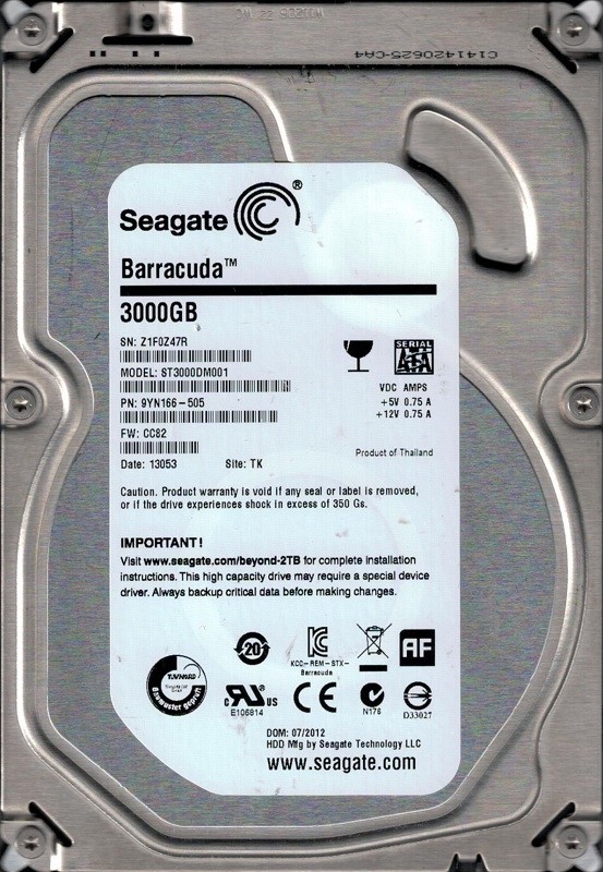 Seagate ST3000DM001 P/N: 9YN166-505 F/W: CC82 TK Z1F 3TB