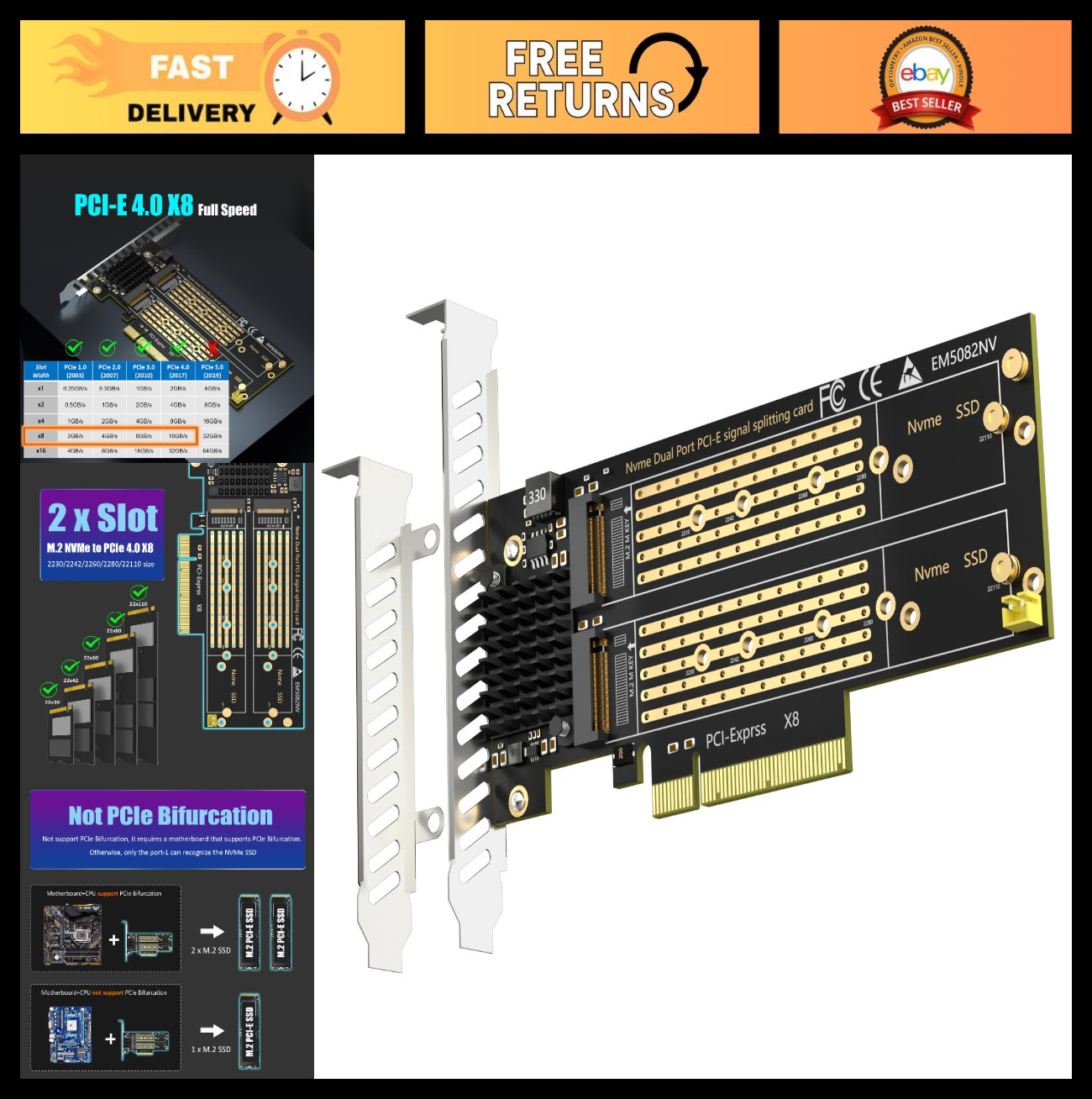 Dual M.2 NVMe to PCIe 4.0 X8 Adapter, Soft RAID Setup, Supports 22110/2280