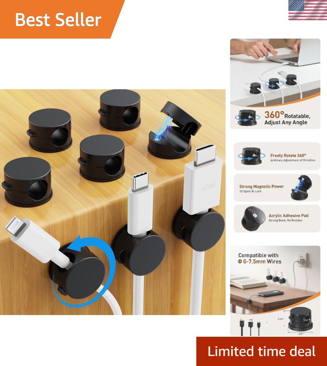 8 Pack Magnetic Cable Clips: 360° Rotating Cord Holders for Stylish Organization