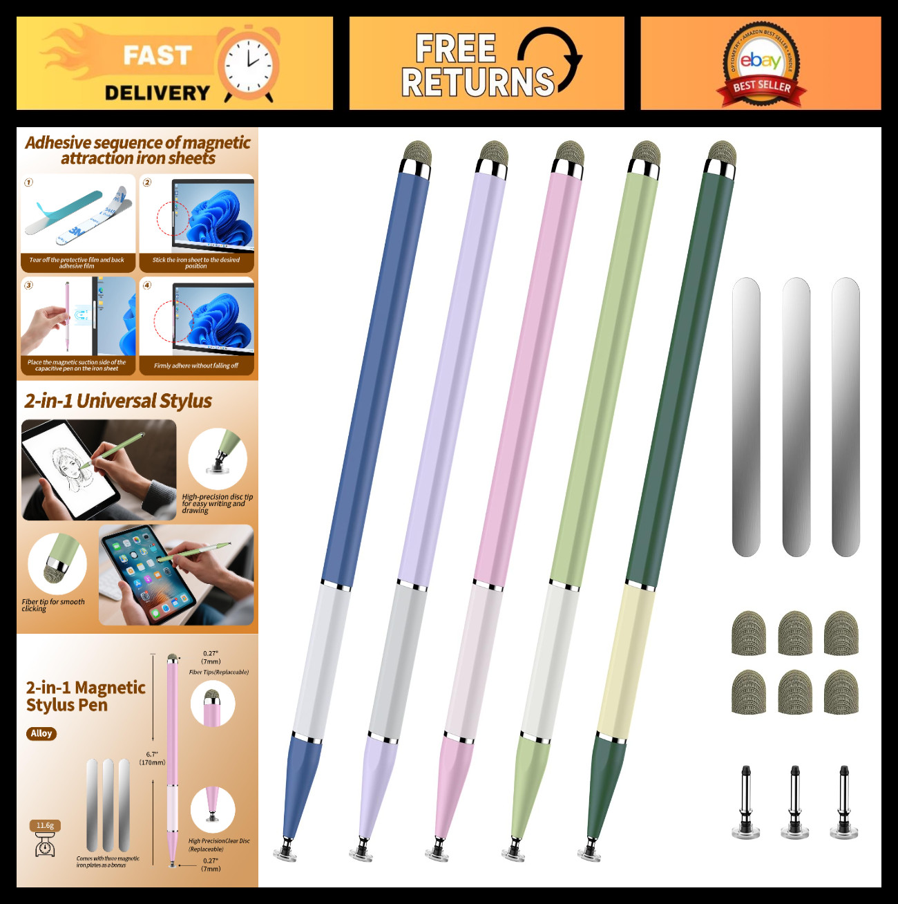 2-in-1 Magnetic Stylus Pen Set for Touchscreens, High Sensitivity, 5PCS, 9 Tips