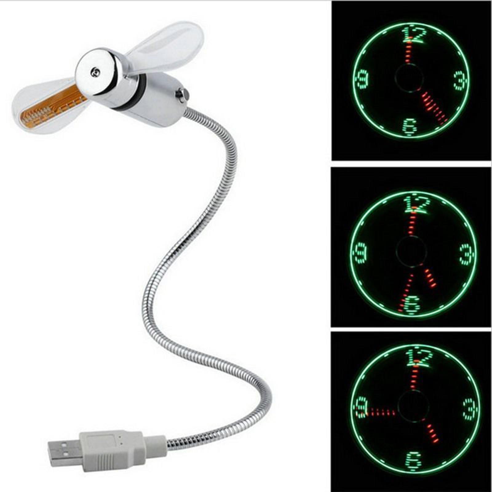 LED Clock Fan Mini USB Powered Cooling Flashing Real Time Display Function