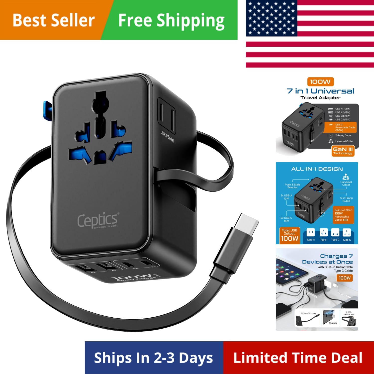 GAN 100W Universal Travel Adapter with Retractable USB-C Cable, 2X USB-A & C,...