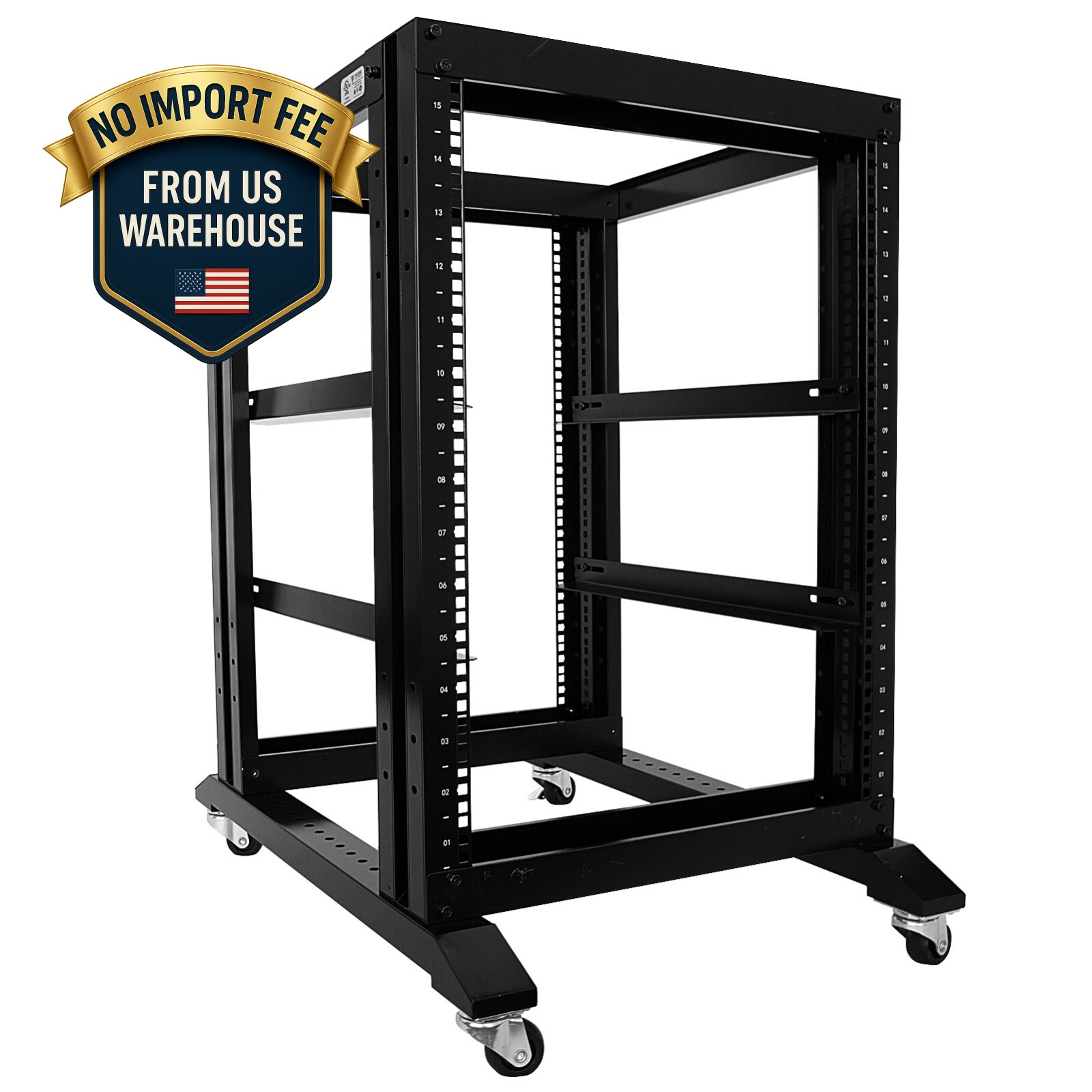 15U 4 Post Open Frame 19" Server Steel Rack 24" Deep With Supporting rails