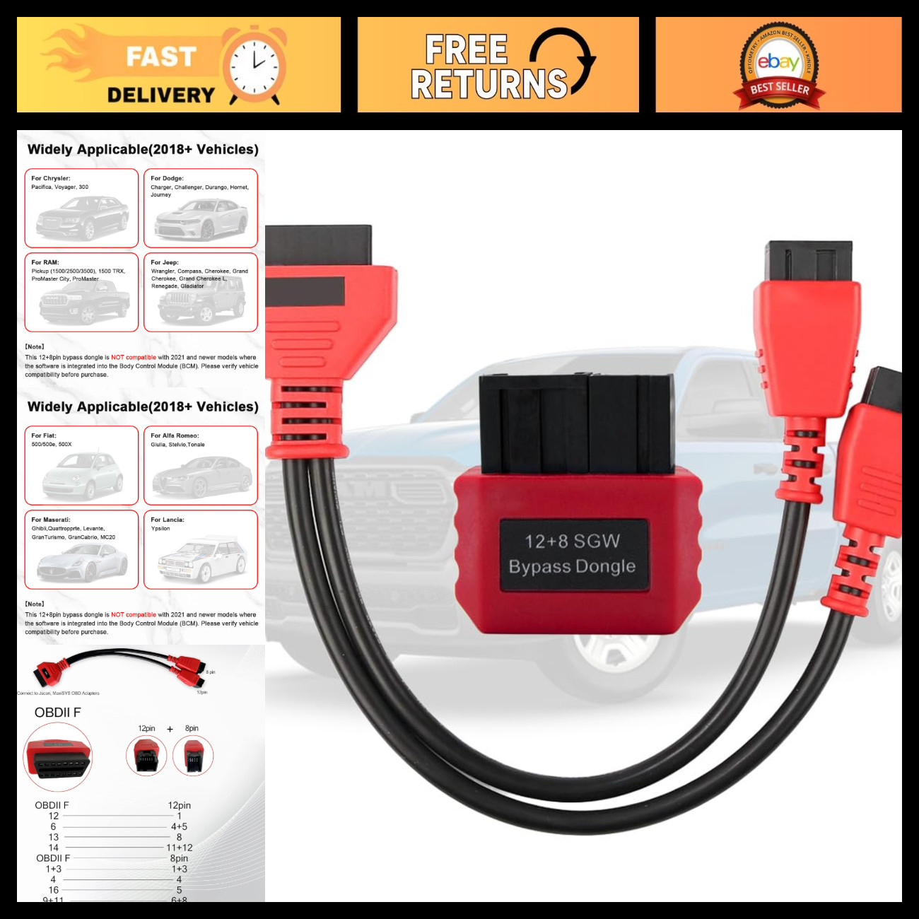 Bypass Cable Module Dongle 12 8 Pin for 2018+ FCA Jeep RAM - Easy Install