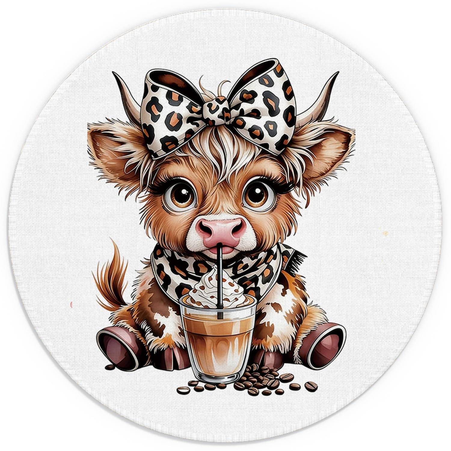 Highland Cow Mouse Pad for Desk, Trendy Leopard Print Coffee Highland Cow Mou...