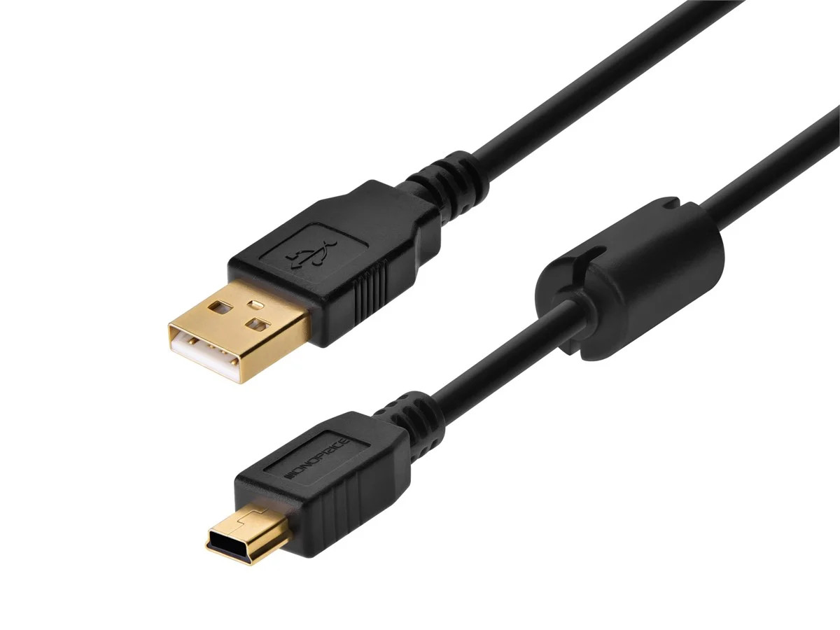 Monoprice USB-A to Mini-B 2.0 Cable - 5-Pin, 28/24AWG, Gold Plated, Black, 1.5ft