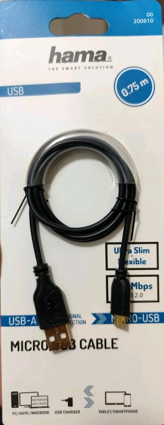 Hama Micro USB/USB-A Cable Super Soft Slim 0.75 m Black Gold Plated
