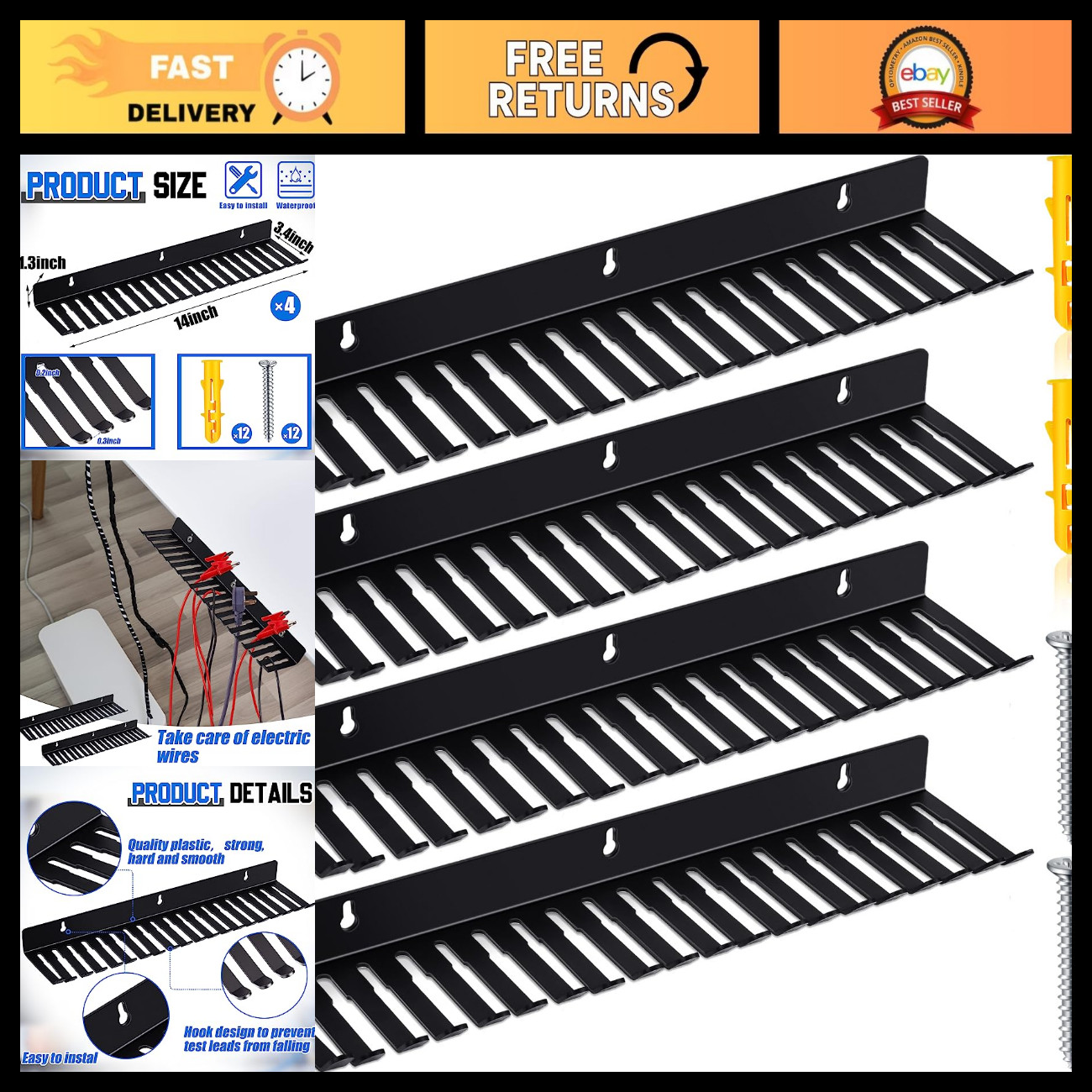 4 Pcs Wall Mount Cable Hanger Organizer - 19 Slot Cord Rack Holder for Storage