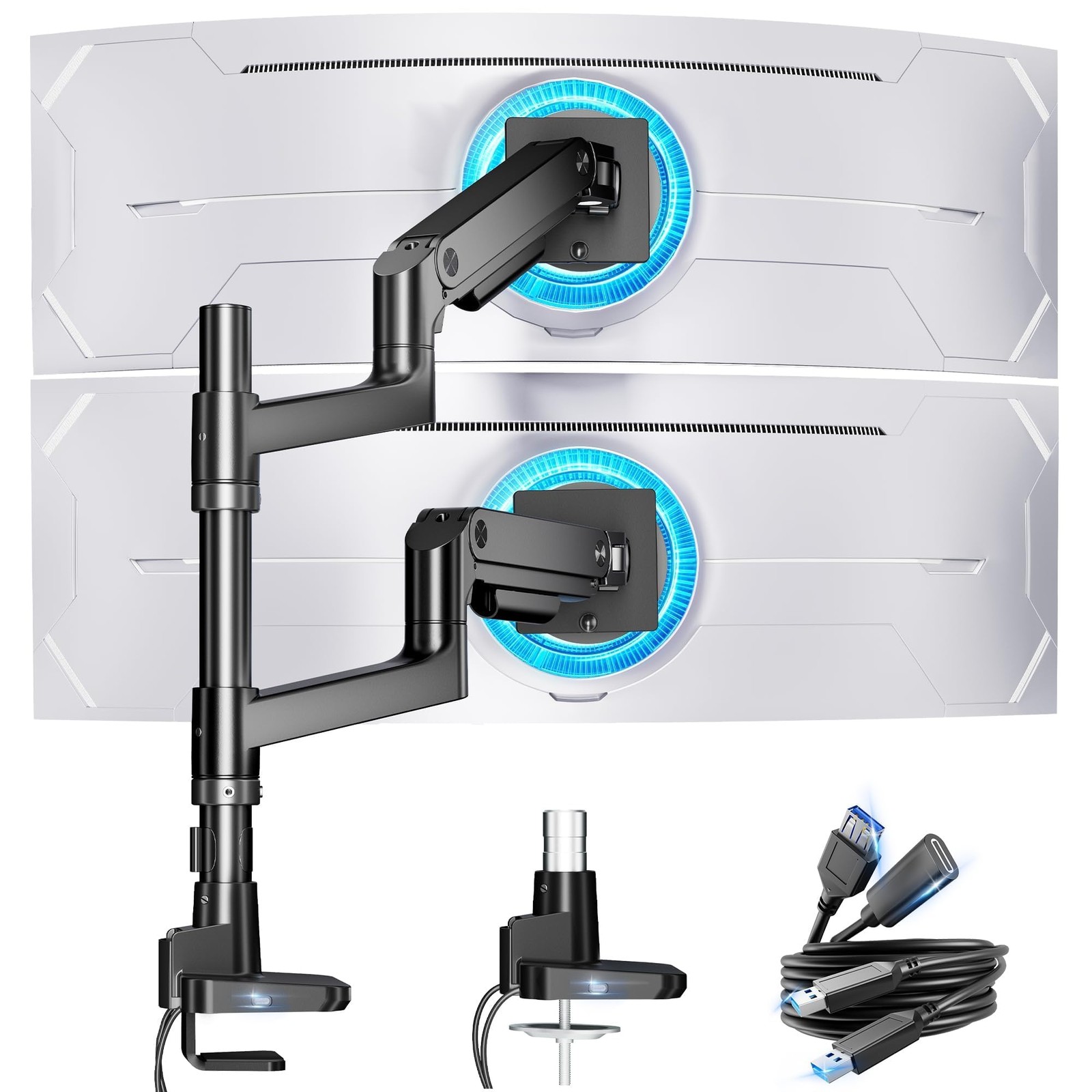 ARES WING Stack Dual Ultrawide Monitor Mount with 18'' Pole, Black USB