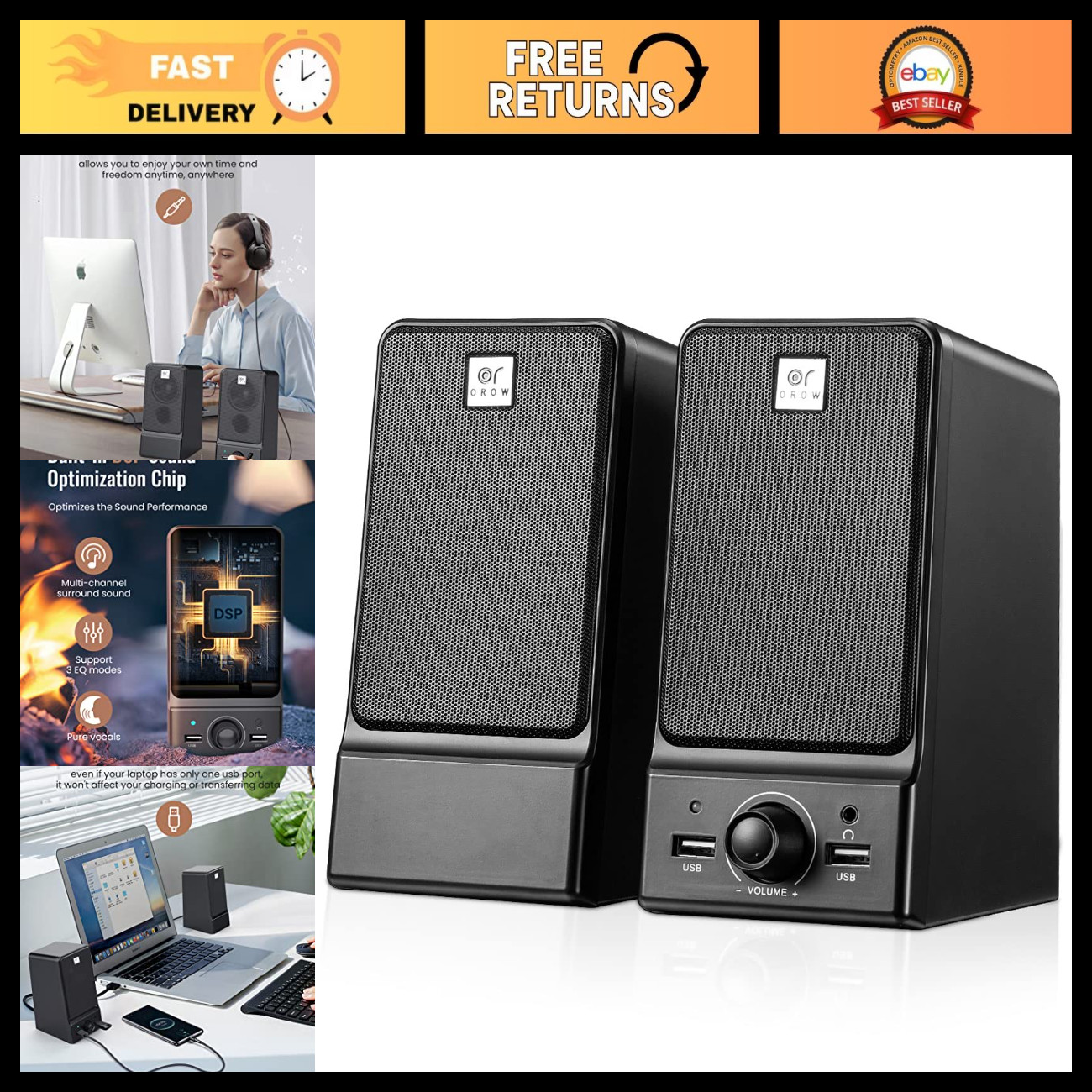Hi-Fi Stereo USB Computer Speakers, 16W Desktop Sound, Deep Bass & Clear Vocals