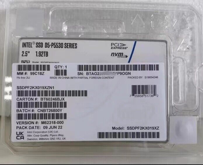 1.92TB Intel SSD D5-P5530 U.2 SSDPF2KX019XZN1 Series DC NVME Solid State Drive-