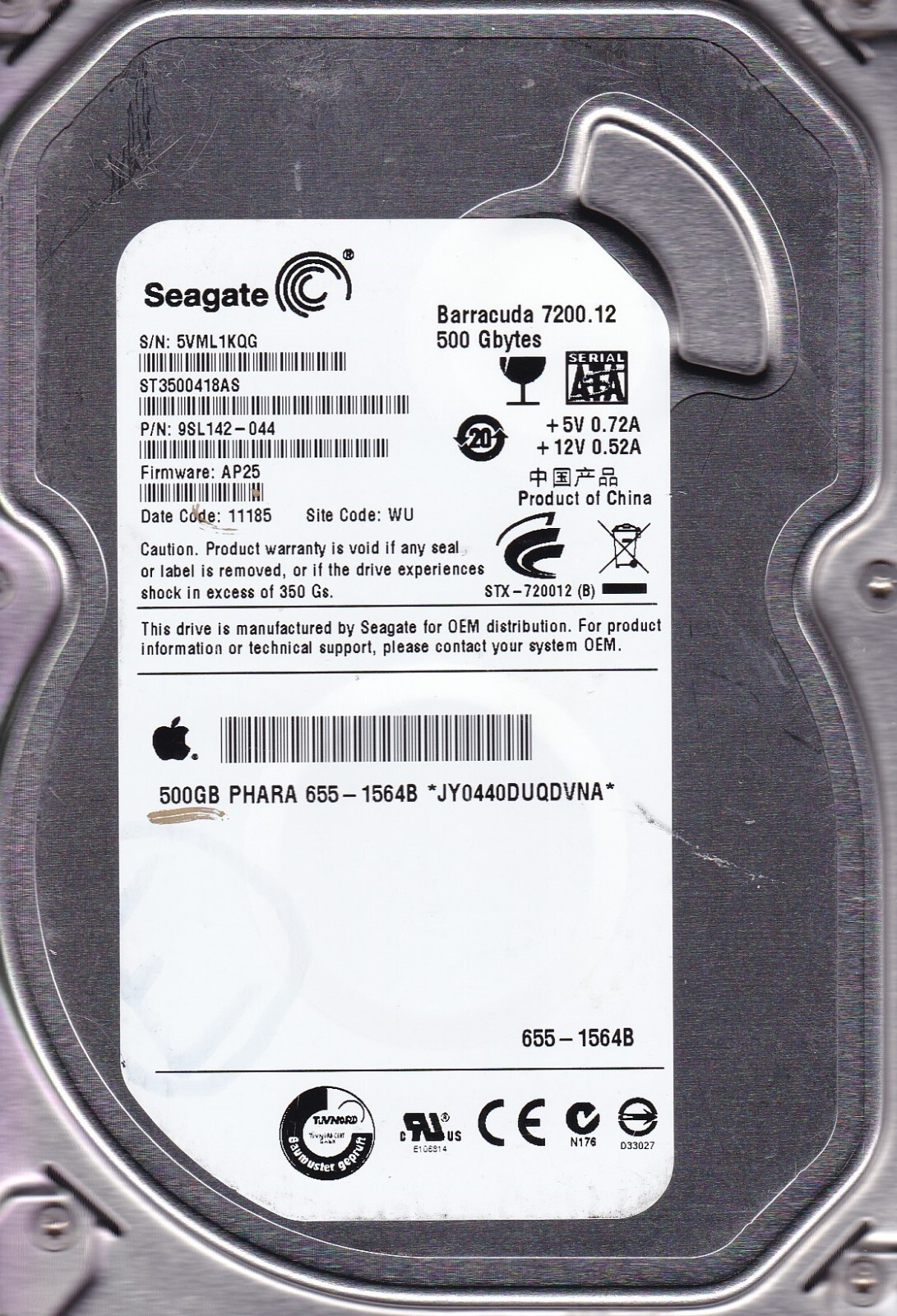 ST3500418AS p/n: 9SL142-044 s/n: 5VM f/w: AP25 2011 WU 500GB SATA 3.5" SEAGATE