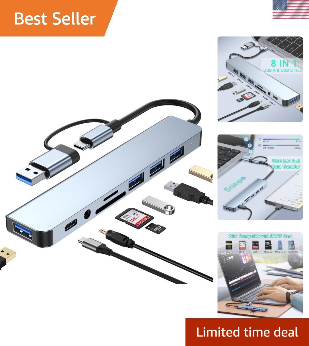 Elegant Aluminum 8-in-1 USB C Hub with SD Reader & 3.5mm Jack - Fast Transfer