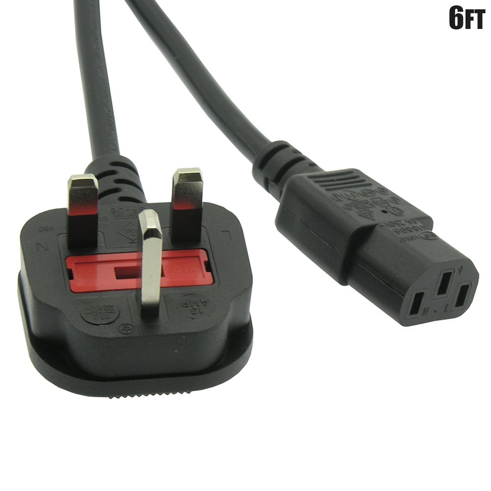 6FT Power Cord Cable UK Plug 3-Prong to IEC 320 C13 250V 13A Black