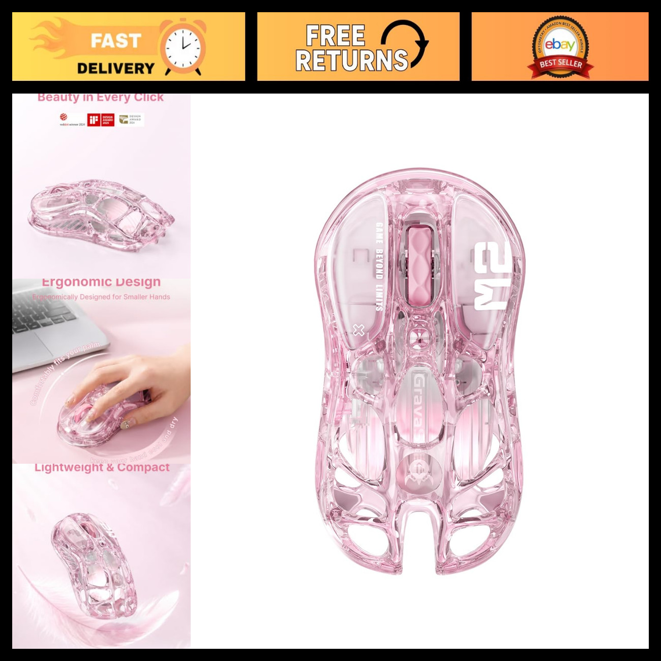 Wireless Gaming Mouse, Hollow Design, 1K Polling Rate, Ergonomic, RGB Lighting