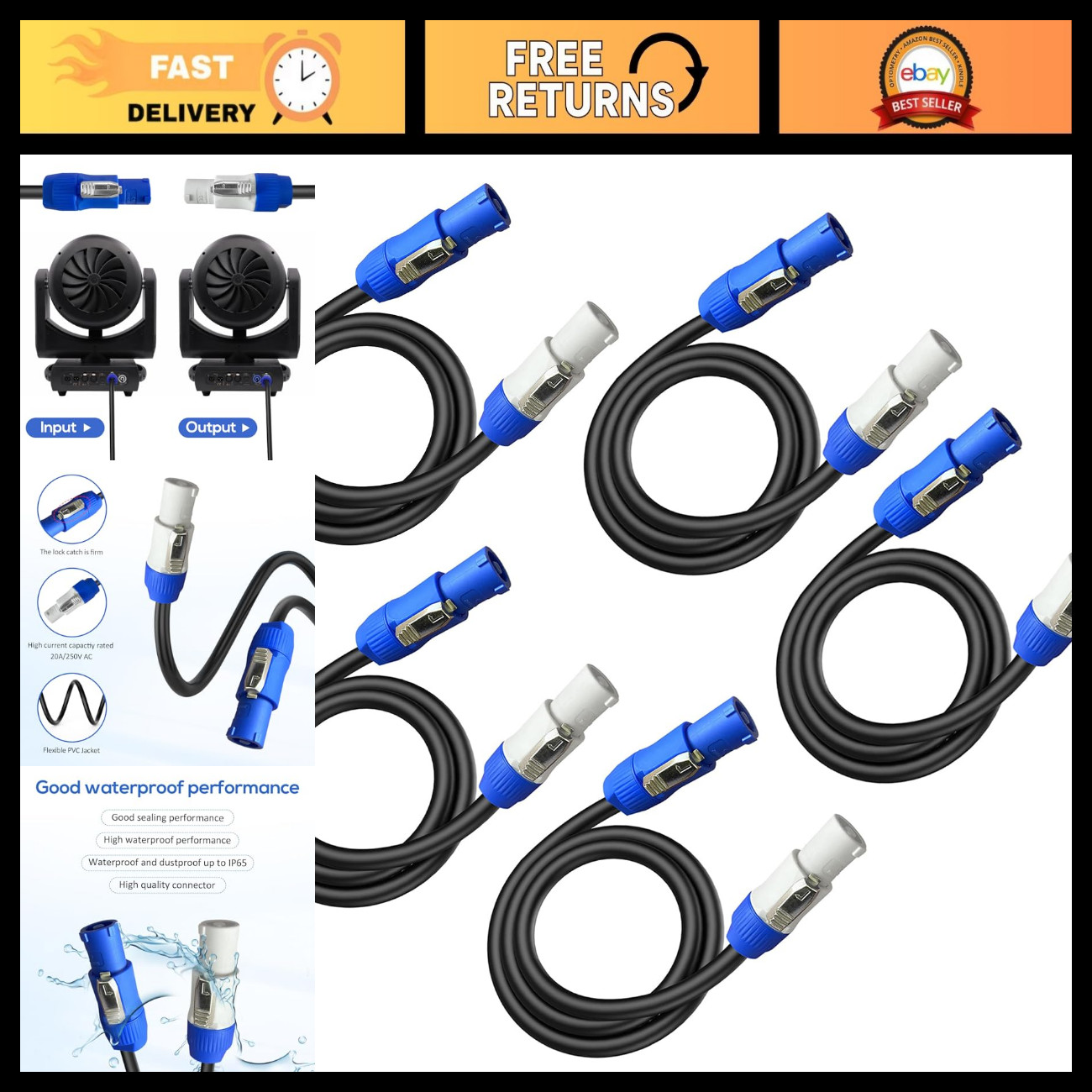 5-Pack 12AWG Power Extension Cable, 3FT PowerCon Heavy Duty Connector