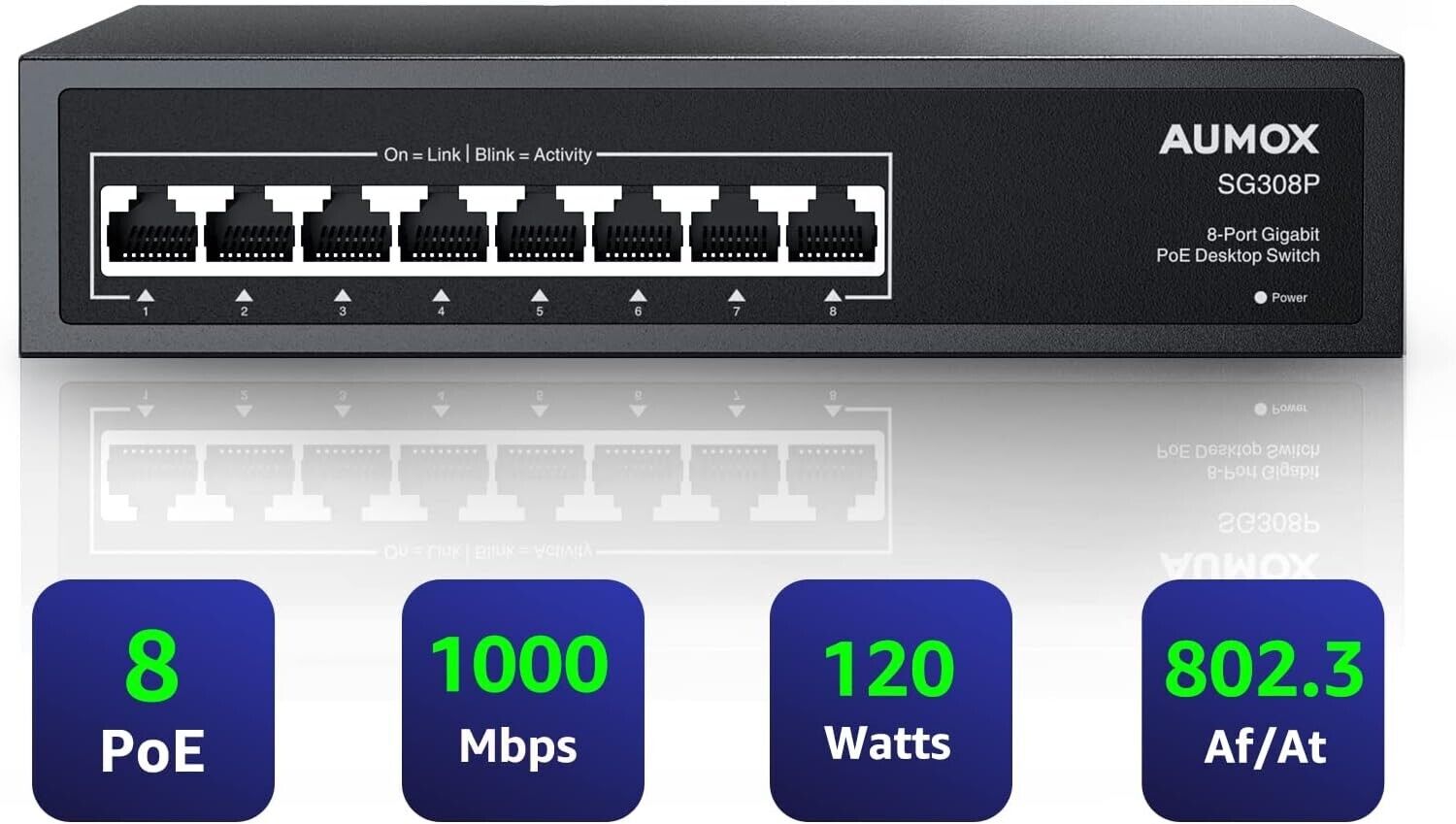 8 Port Gigabit PoE 120W Ethernet Unmanaged Network Switch X0033SA8GD