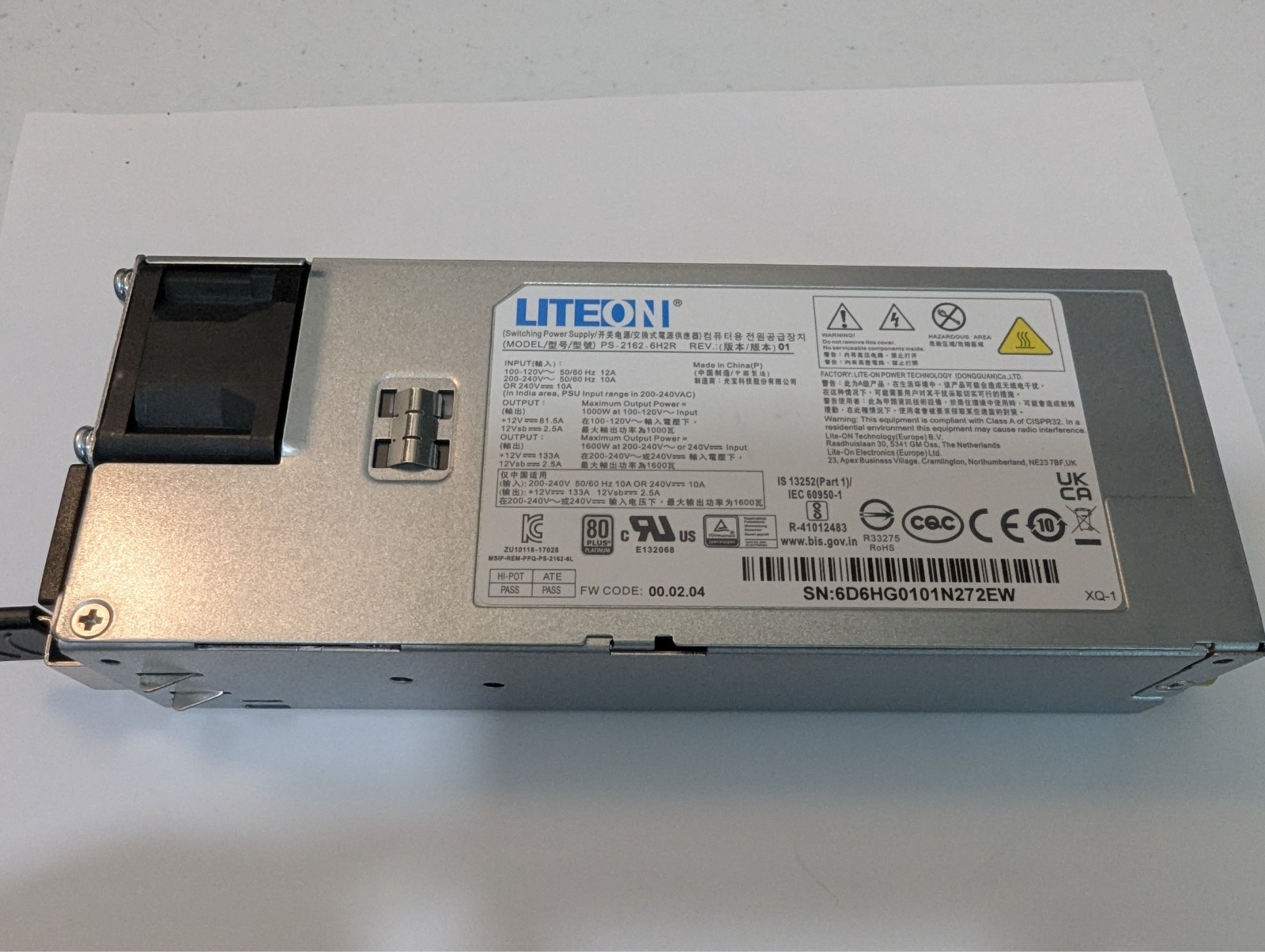 Lite-On Technology -120V/230V Internal Redundant Power Supply PS-2162-6H2R 1600W