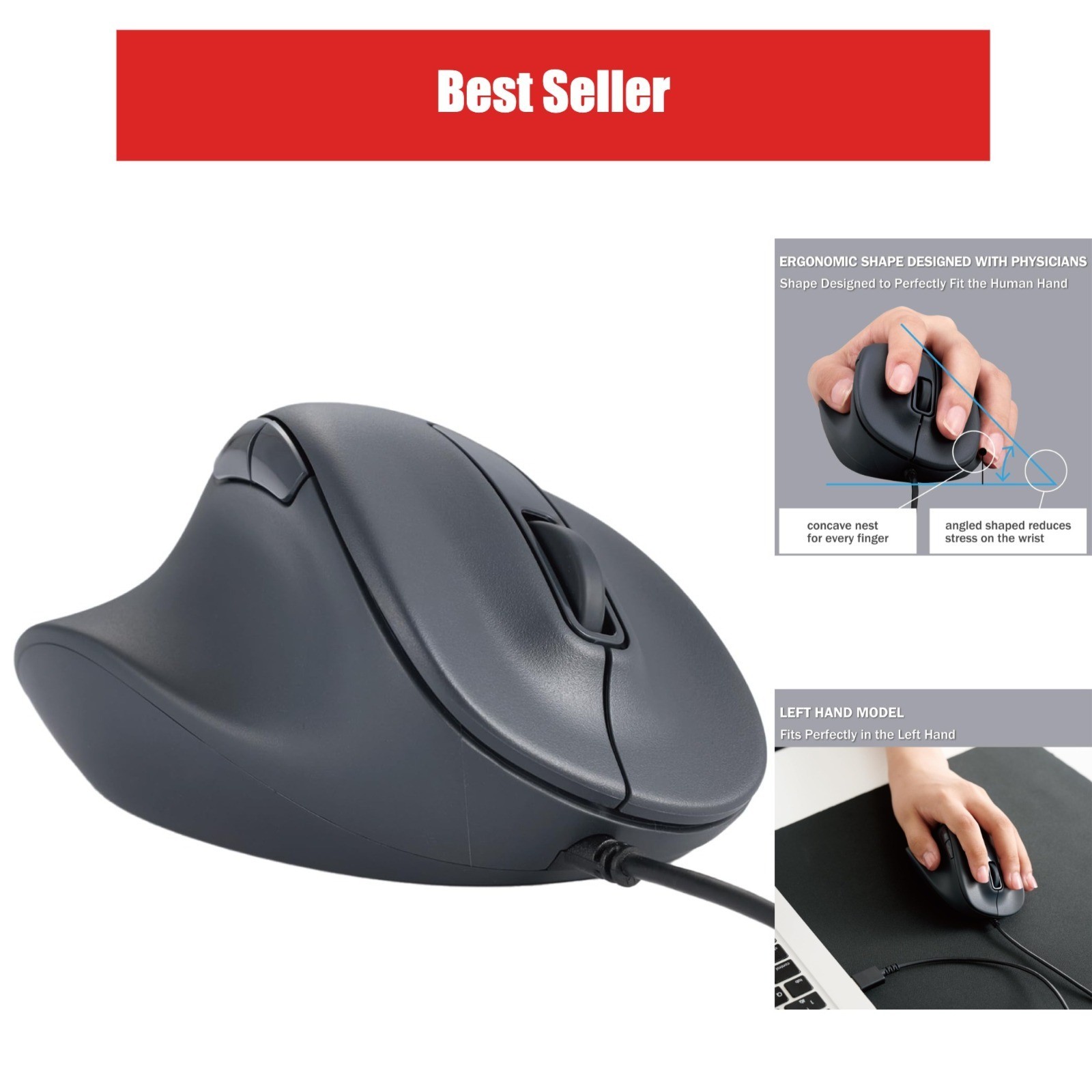 ELECOM Left Handed Ergonomic Wired USB Mouse Silent Click 2000DPI 5 Buttons