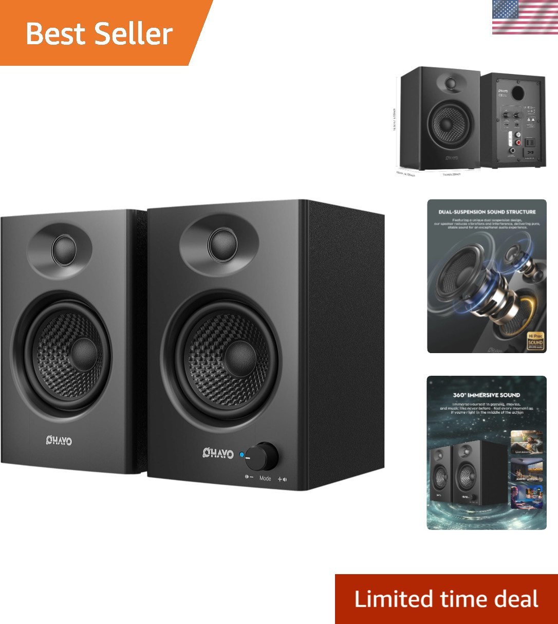 60W Computer Speakers, Bluetooth 5.3, Stereo 2.0, 1 Pair, Black