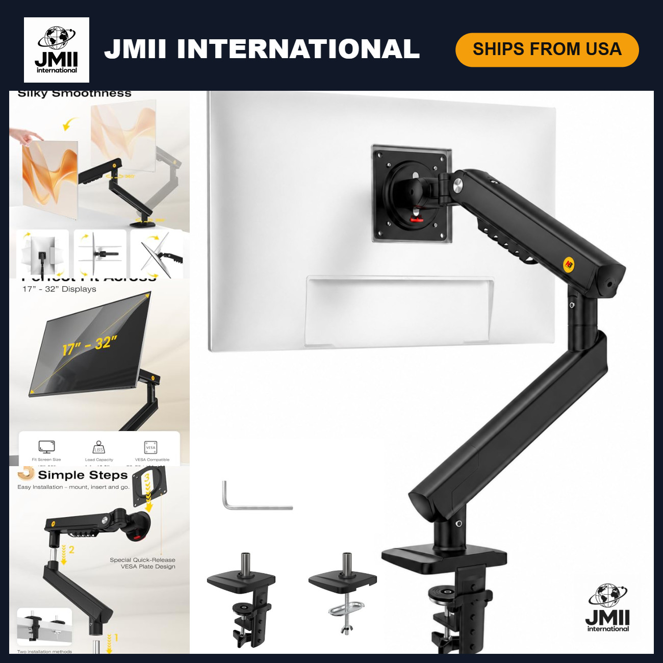 Adjustable Monitor Mount Stand for 32" Screens, VESA 75/100mm, Spring Arm, Black