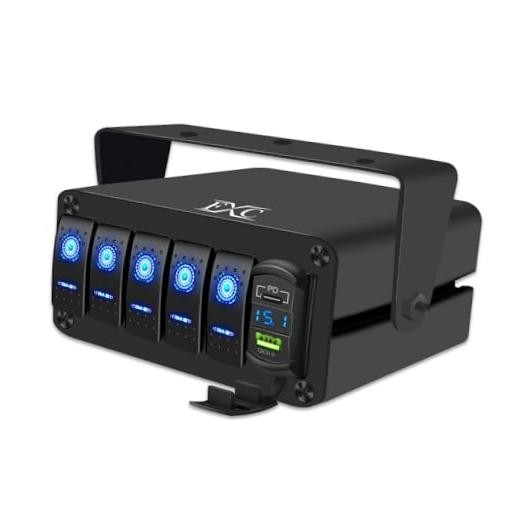 5 Gang Aluminum Rocker Switch Panel Blue Backlit with PD Type C 5 Gang Blue