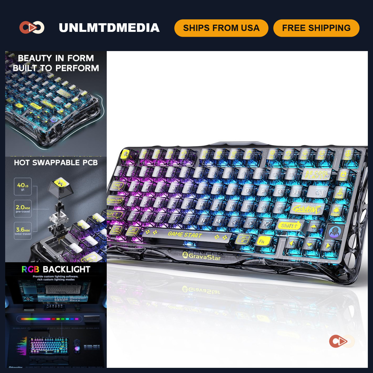 Wireless Mechanical Gaming Keyboard, RGB Backlit, Compact Design, 75% Layout
