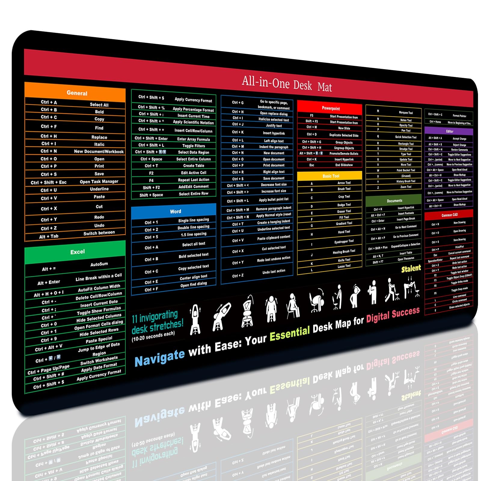 Large Mouse Pad for Excel/Word/PowerPoint/Windows Shortcuts 35.4"x15.7"