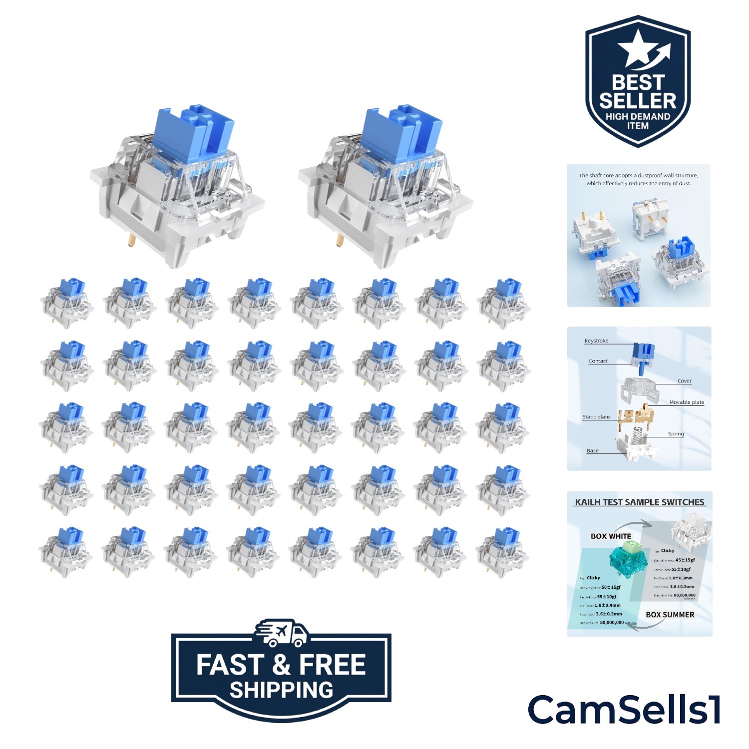 72 Pcs Clicky Blue Mechanical Keyboard Switches - Pre-lubricated for Durability