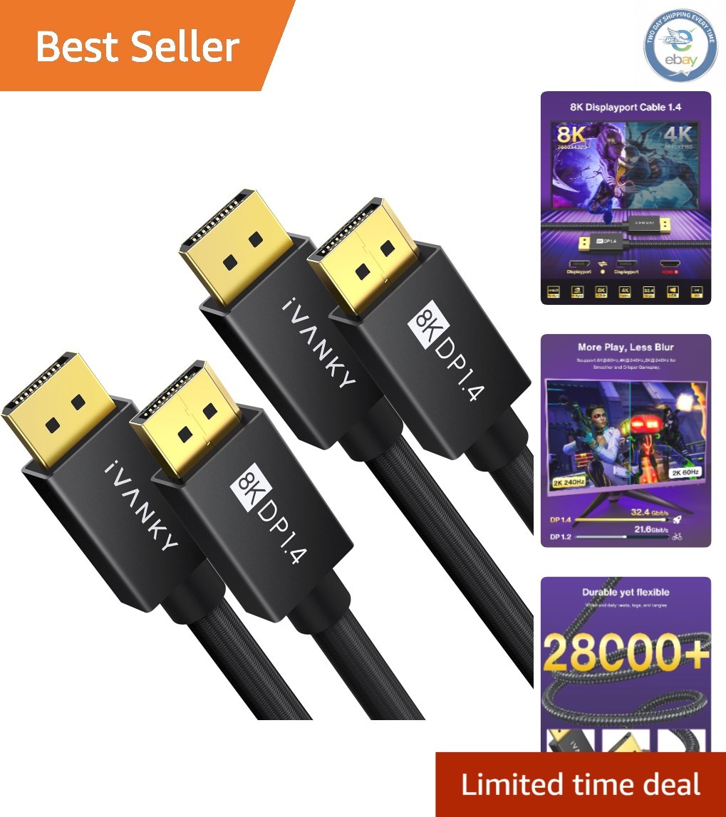 Dual 6ft 8K DisplayPort 1.4 Cables with 32.4 Gbps - Ideal for High Refresh Rates
