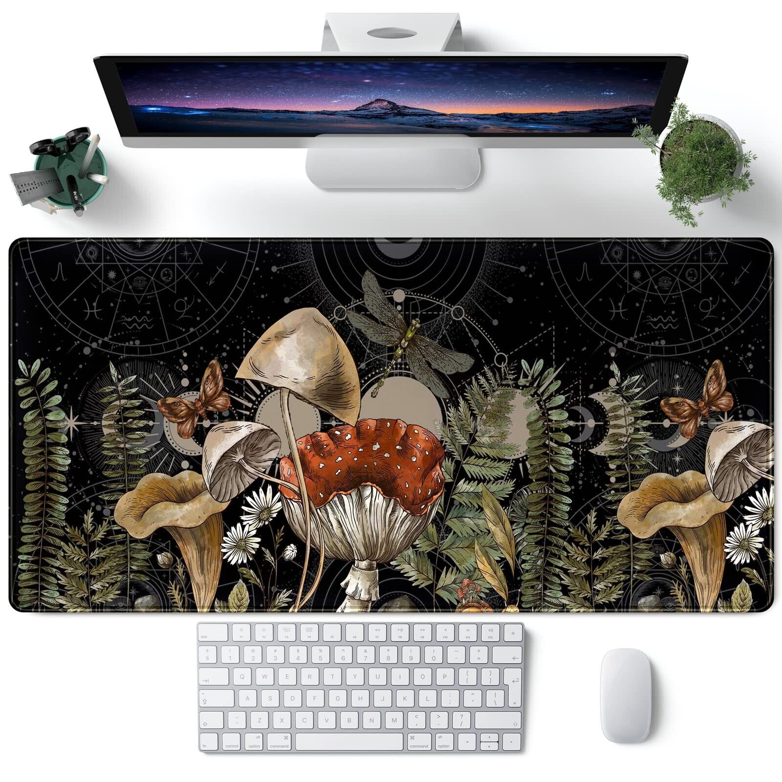 Cute Forest Mushroom Desk Mat Black Large Extended Mouse Pad XXL Desk Pad Gam...