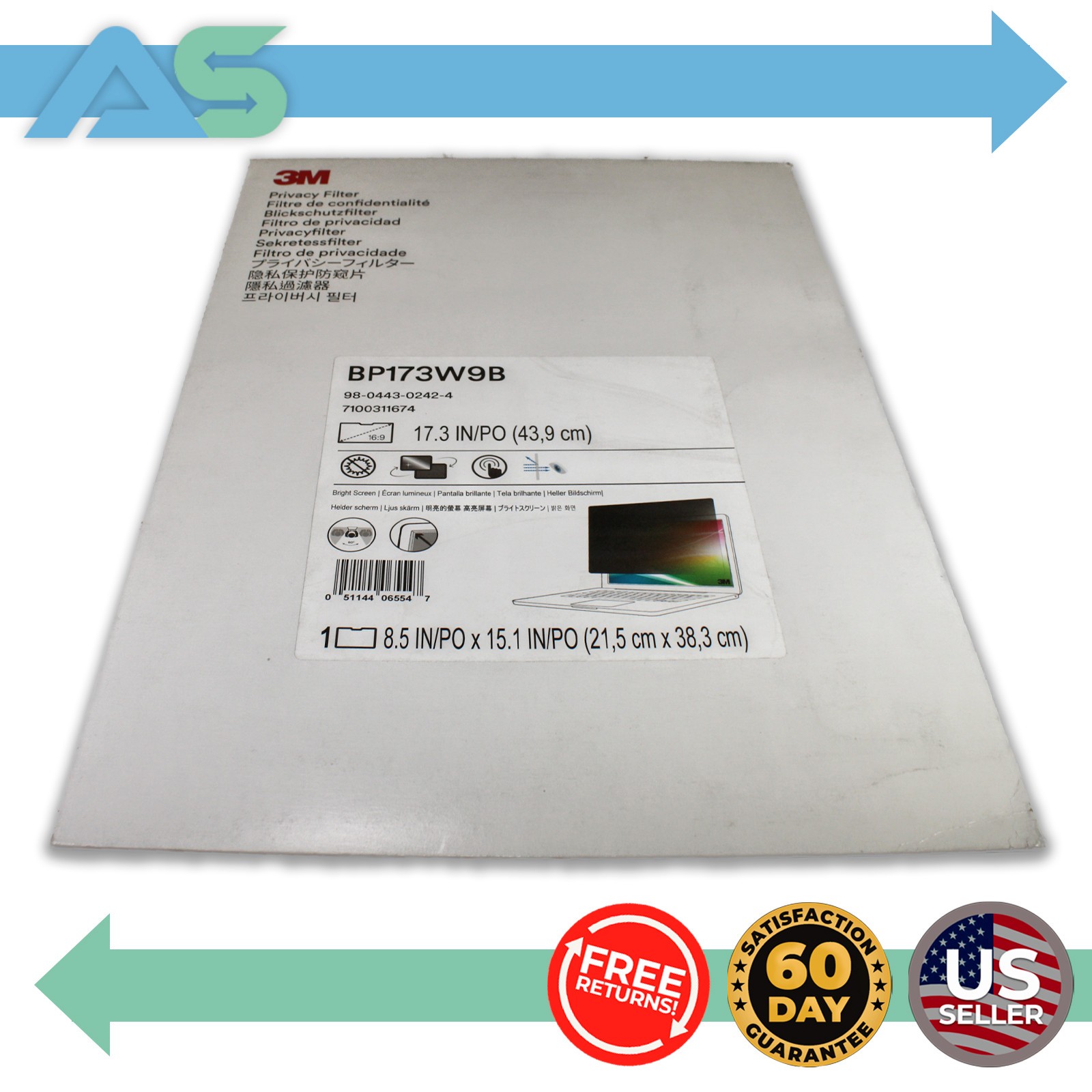 3M SafeGuard BP173W9B 17.3 in Screen Privacy Filter 60-degree Privacy Protection