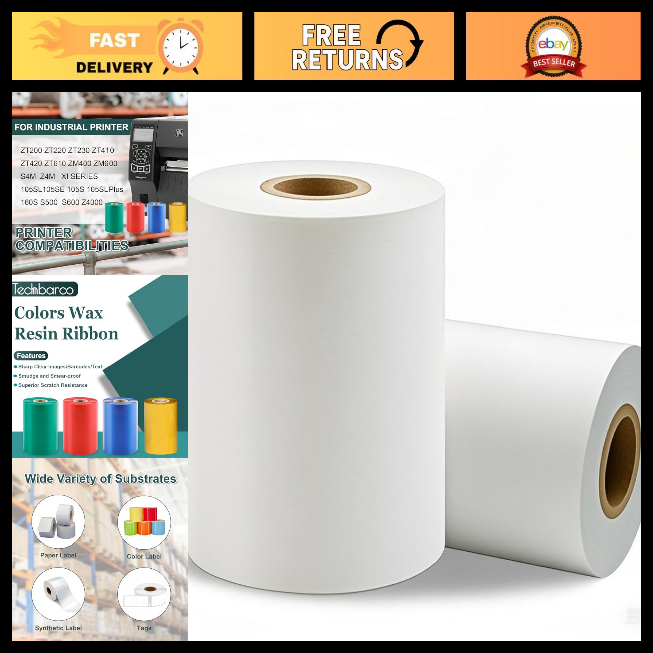 2 Rolls 4.33" x 984' Wax Resin Thermal Transfer Ribbon for Label Printing