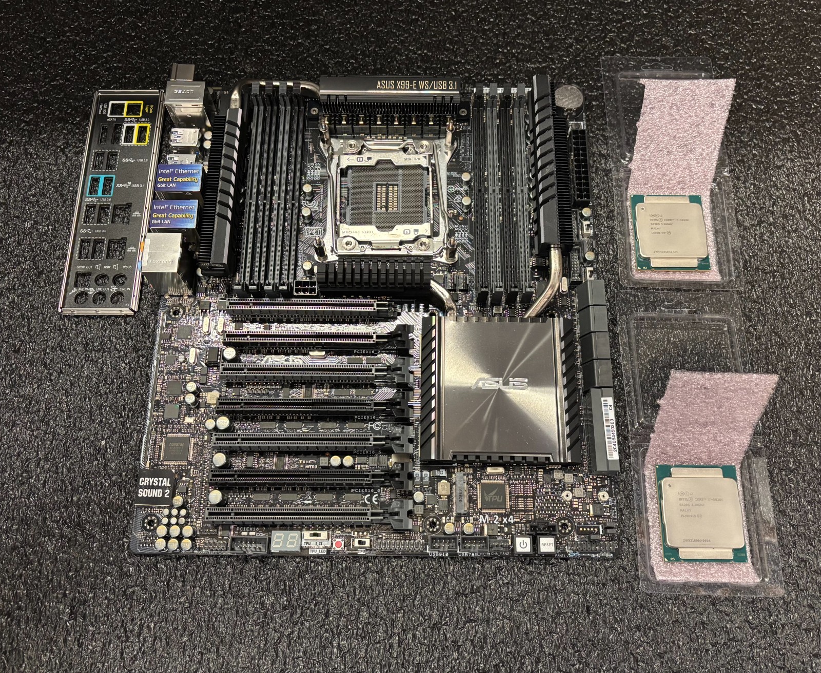 ASUS X99-E WS/USB3.1 Motherboard LGA 2011-V3 w/ (2) i7-5820K CPUs & I/O Shield