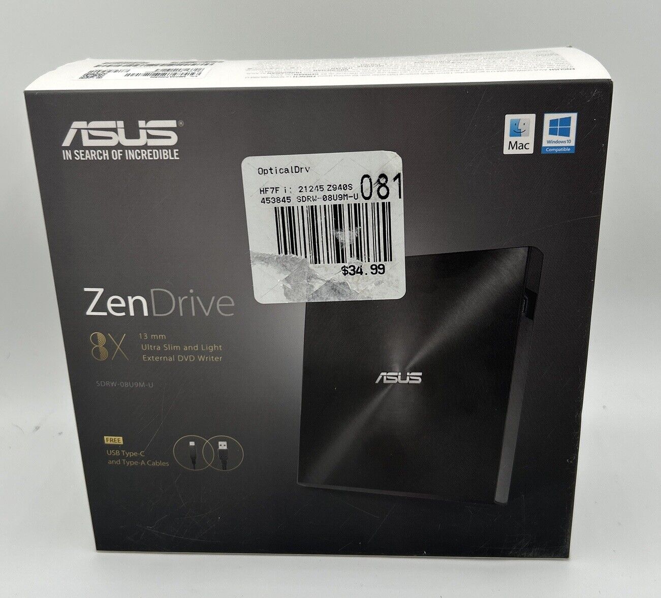 Asus ZenDrive SDRW-08U9M-U -External DVD-Writer - Black NIB