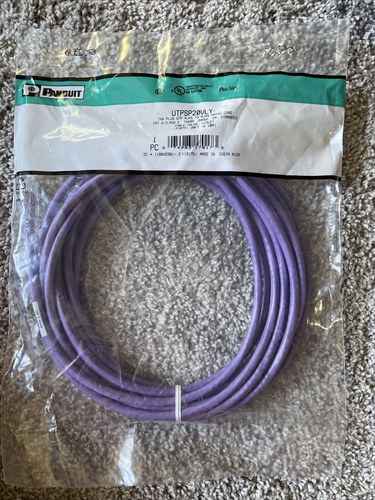 NEW Panduit UTPSP20VLY  Violet Cable RJ45 to RJ45 patch cord 20ft