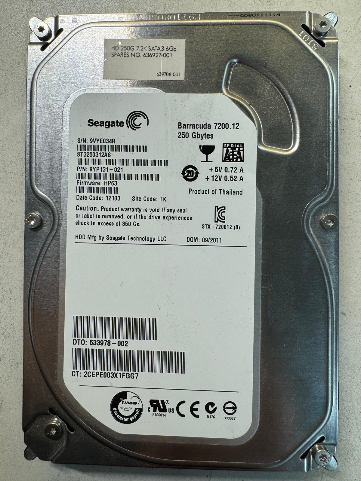 SEAGATE ST3250312AS 9YP131-021 250GB Firmware HP63 Date Code 12103 SATA 3.5"