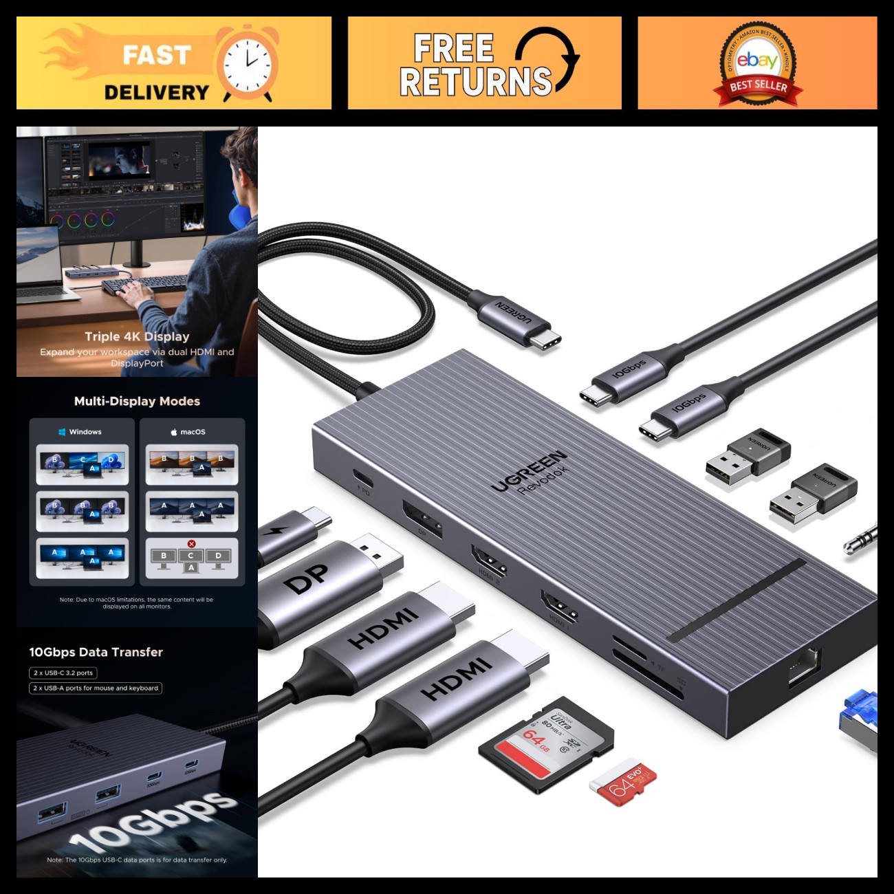 12-in-1 USB C Docking Station, Triple Monitor 4K, Dual HDMI & DisplayPort Output