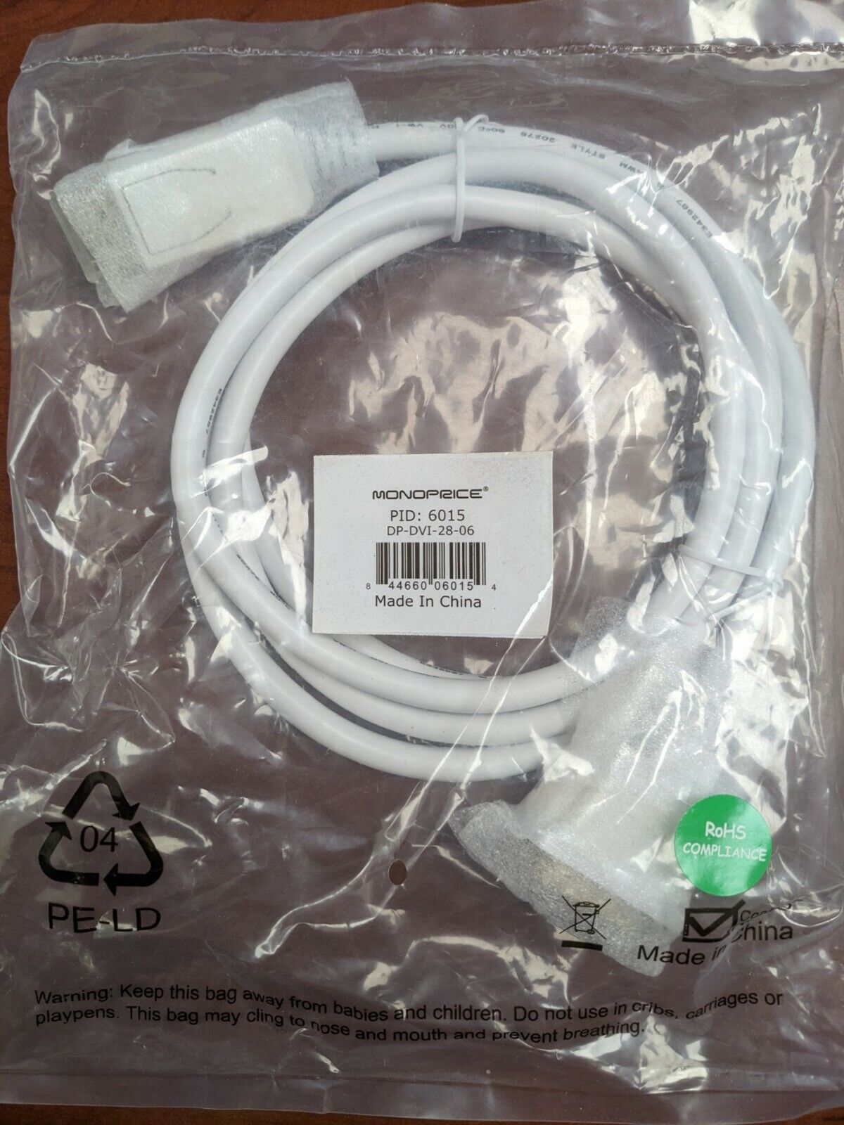 Monoprice 6ft 28AWG DisplayPort to DVI Cable, White