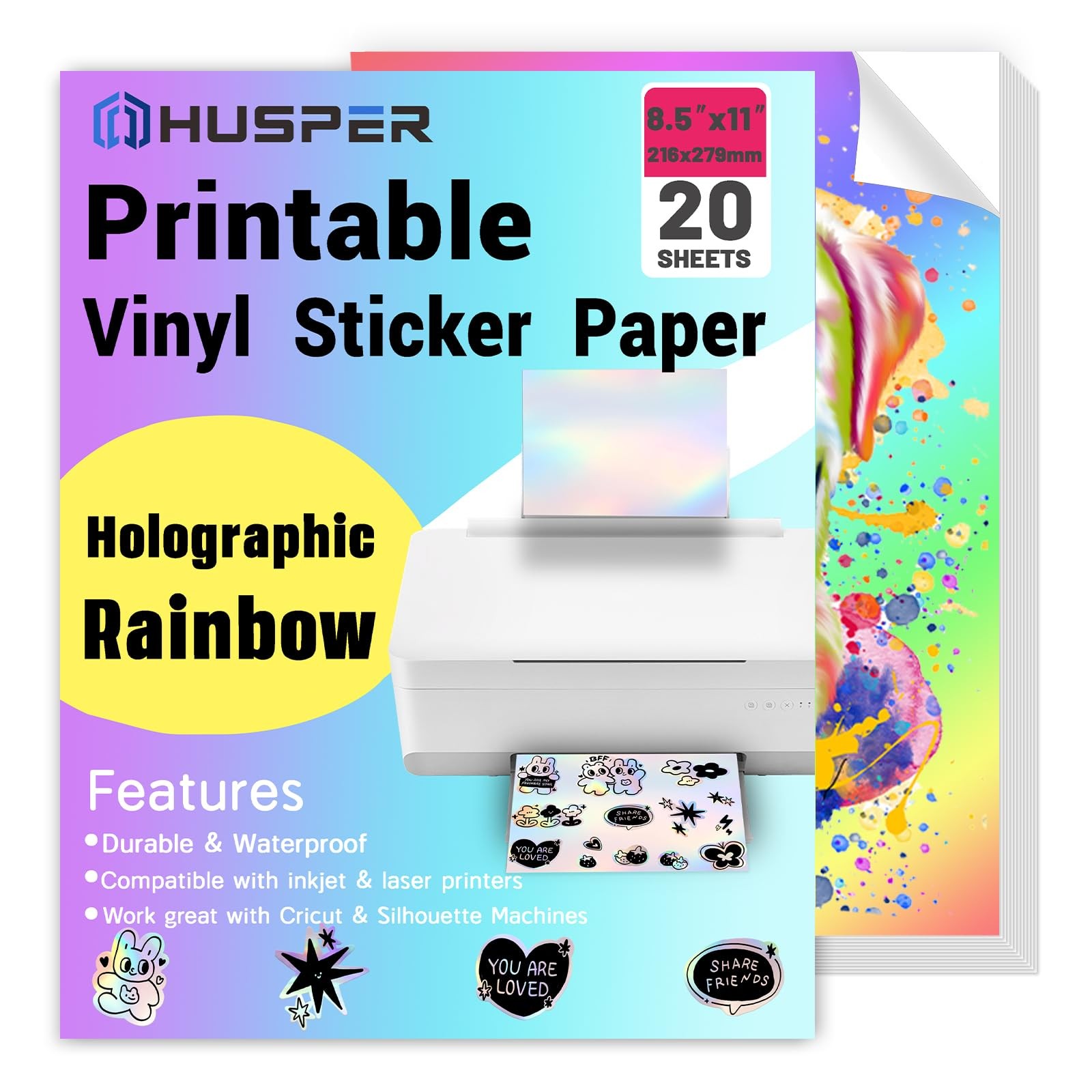 Holographic Rainbow Vinyl Sticker Paper, 8.5 x 11 Inches, Printable Waterproo...