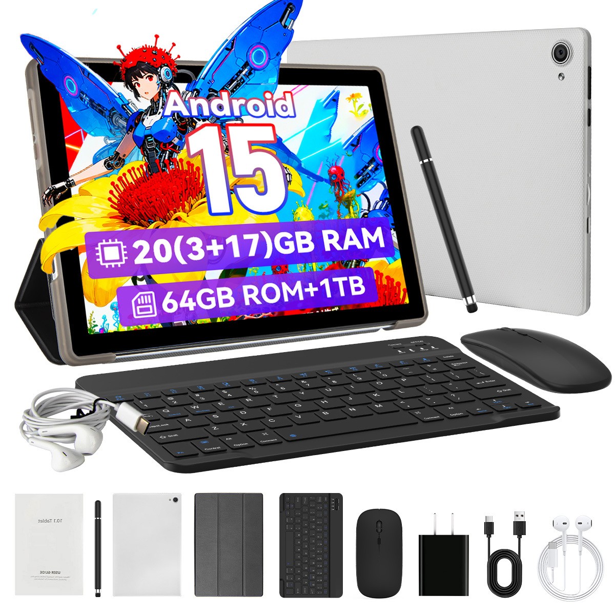 Android 15 10.1" Tablet Face ID Unlock 20GB RAM 64GB ROM Expandable Up To 1TB