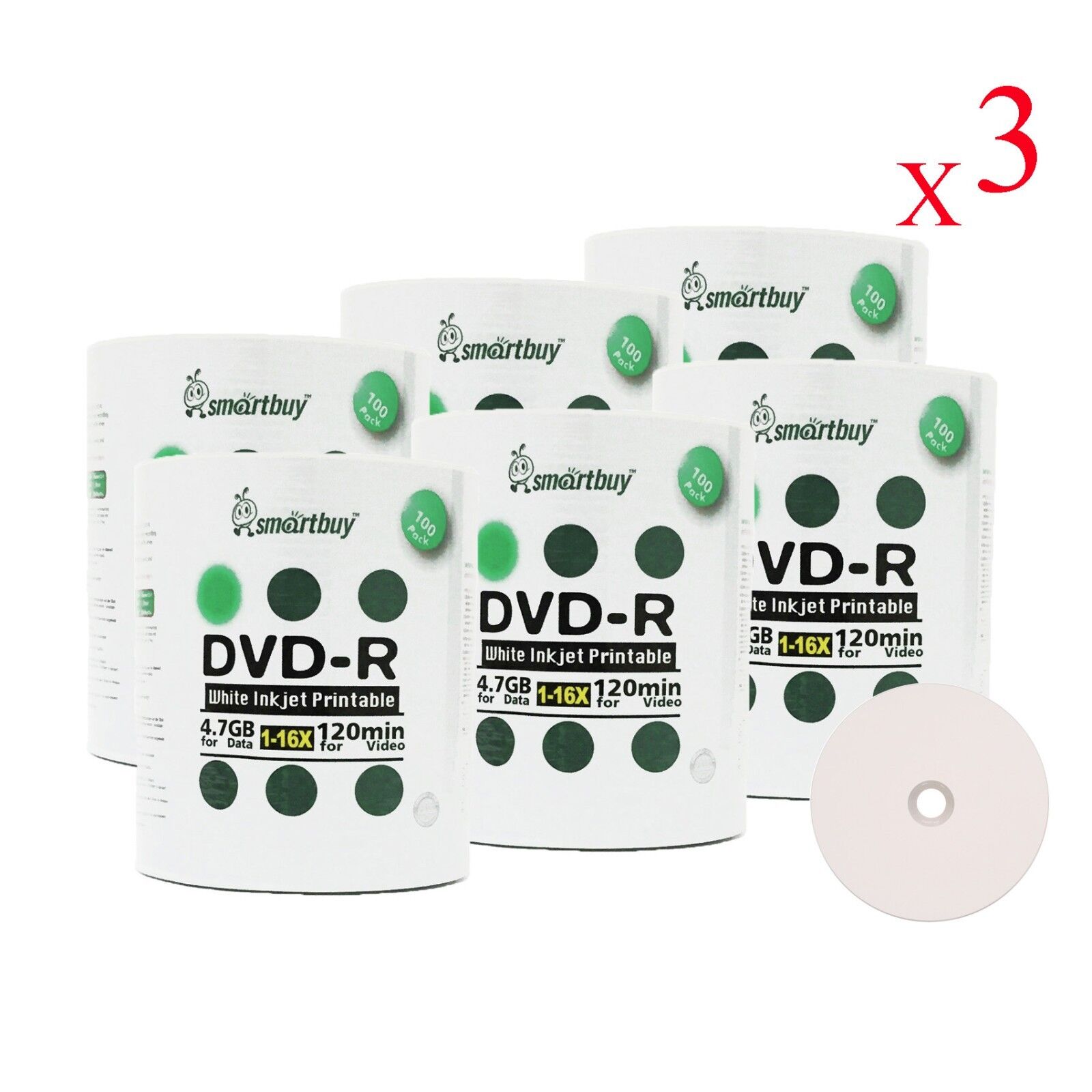 1800 Pcs SmartBuy Blank DVD-R 16X 4.7GB White Inkjet Printable Record Media Disc