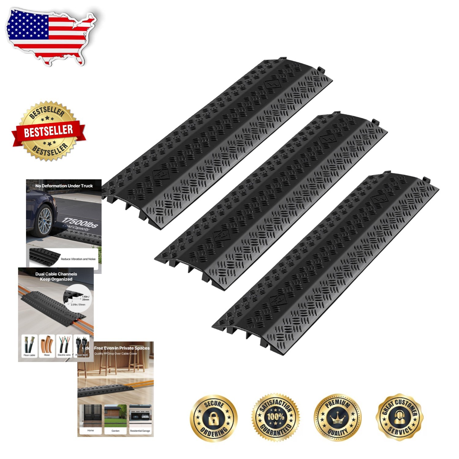 Heavy Duty Cable Cover 3pk 17500lb Capacity Dual Channel Floor Cord Protector