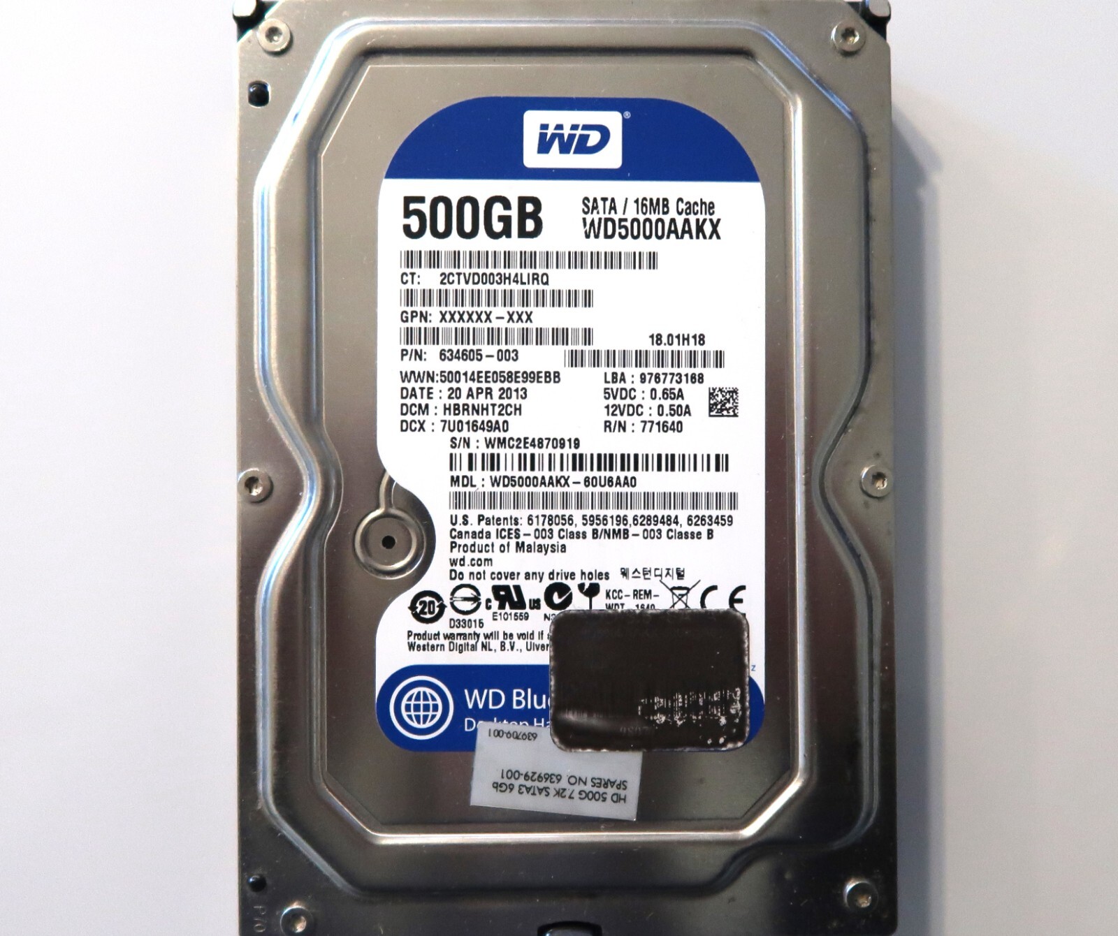 WD WD5000AAKX-60U6AA0 HBRNHT2CH (WMC2) Malaysia 500gb 3.5" Sata HDD 20APR2013